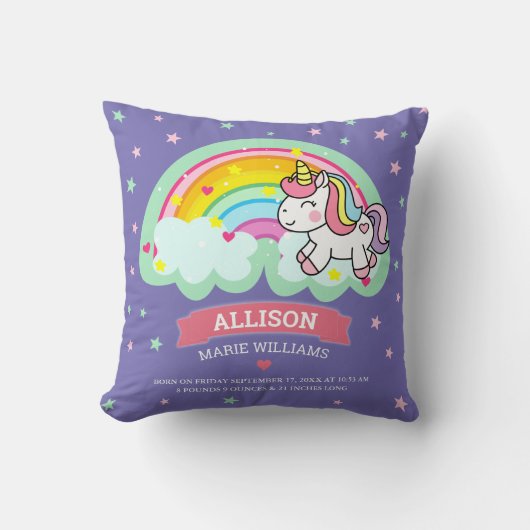Cute Rainbow Unicorn Paarse Birth Stats Kussen (Voorkant)