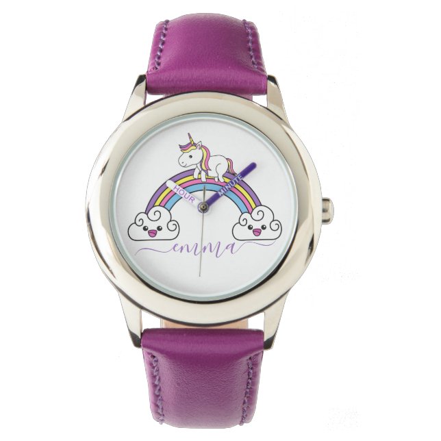 Cute Rainbow Unicorn Persoonlijke naam Horloge (Voorkant)