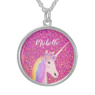 Cute Rainbow Unicorn Pink Glitter Personalized Sterling Zilver Ketting
