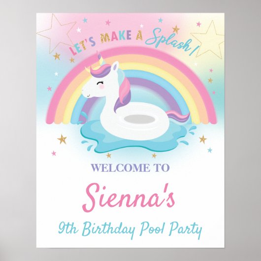Cute Rainbow Unicorn Pool Birthday Welkom Poster (Voorkant)