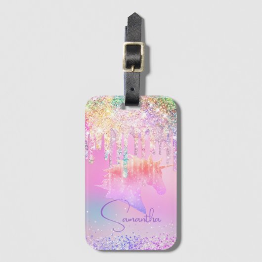 Cute Rainbow unicorn roze Glitter Drivers monogram Bagagelabel (Voorkant (verticaal))