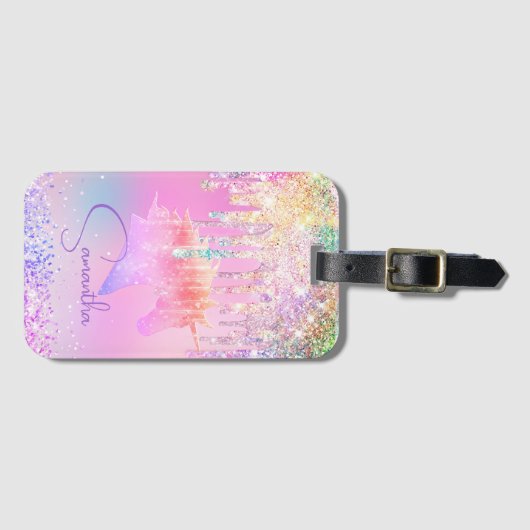 Cute Rainbow unicorn roze Glitter Drivers monogram Bagagelabel (Voorkant (horizontaal))