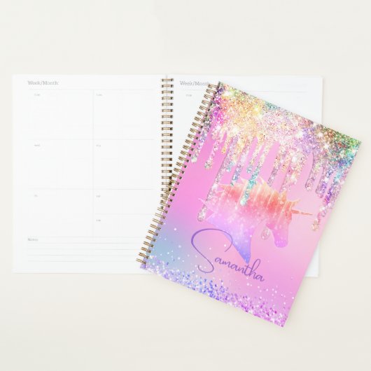 Cute Rainbow unicorn roze Glitter Drivers monogram Planner (Display)