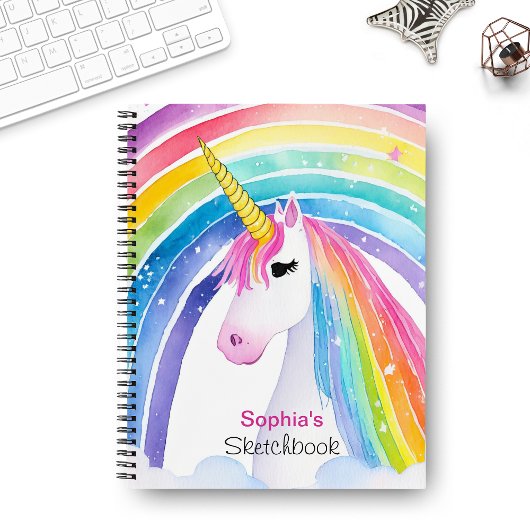 Cute Rainbow Unicorn Sketchbook Monogram Your Name Notitieboek