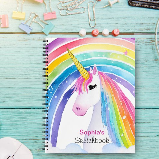 Cute Rainbow Unicorn Sketchbook Monogram Your Name Notitieboek