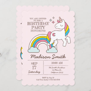 Cute Rainbow Unicorn Sparkles Birthday Uitnodiging