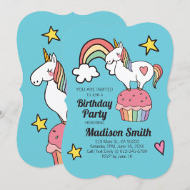 Cute Rainbow Unicorn Stars Hearts Birthday Party Kaart