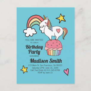 Cute Rainbow Unicorn Stars Hearts Birthday Party Uitnodiging Briefkaart