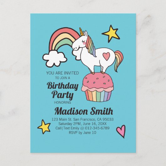 Cute Rainbow Unicorn Stars Hearts Birthday Party Uitnodiging Briefkaart (Voorkant)