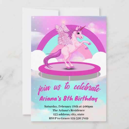 Cute Rainbow Unicorn Trampoline Birthday Invitati Kaart (Voorkant)