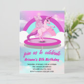Cute Rainbow Unicorn Trampoline Birthday Invitati Kaart (Staand voorkant)
