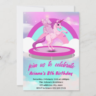 Cute Rainbow Unicorn Trampoline Birthday Invitati Kaart