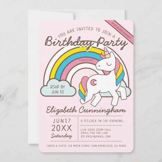 Cute Rainbow Unicorn Virtual Birthday Kaart (Voorkant)