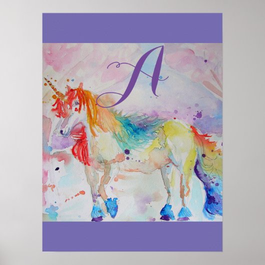 Cute Rainbow Unicorn Waterverf Girls Poster (Voorkant)
