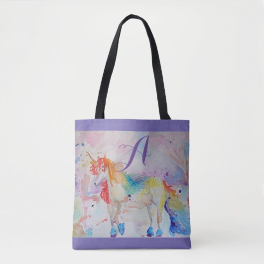 Cute Rainbow Unicorn Waterverf Girls Tote Bag (Voorkant)