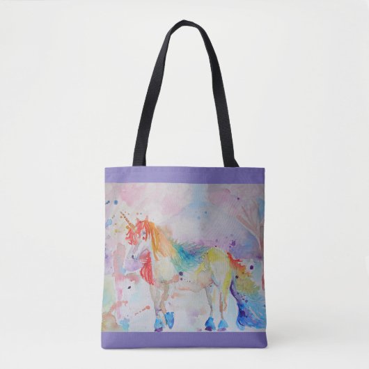 Cute Rainbow Unicorn Waterverf Grocery Canvas tas (Voorkant)