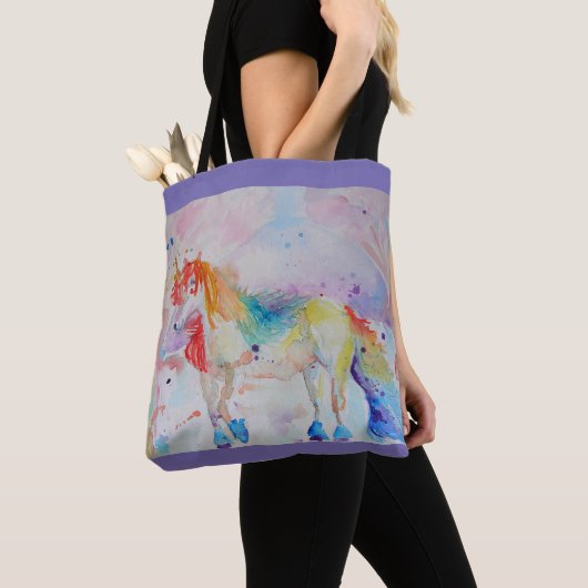 Cute Rainbow Unicorn Waterverf Grocery Canvas tas (Dichtbij)