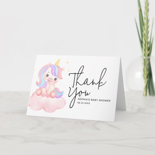 Cute Rainbow Unicorn Whimsical Baby Shower Folded Bedankkaart (Voorkant)