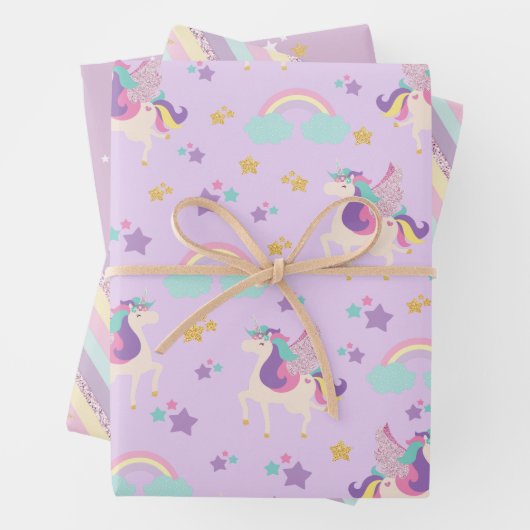 Cute Rainbow Unicorn Wrapping Paper Sheet Set (In situ)