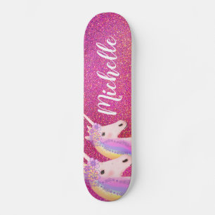 Cute Rainbow Unicorns Roze Glitter Personalizeerd Persoonlijk Skateboard