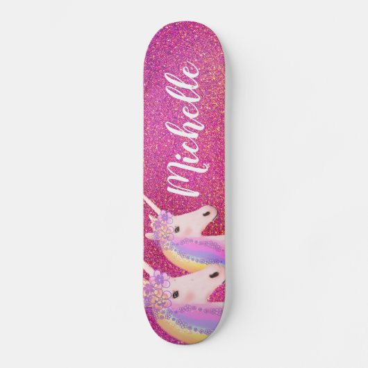 Cute Rainbow Unicorns Roze Glitter Personalizeerd Persoonlijk Skateboard (Voorkant)