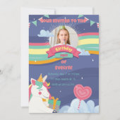 Cute Rainbow Voeg Photo Unicorn Birthday Invitatio Kaart (Voorkant)