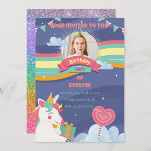 Cute Rainbow Voeg Photo Unicorn Birthday Invitatio Kaart
