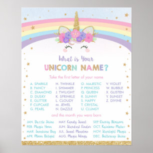 Cute Rainbow Wat is uw Unicorn Name Game Sign? Poster