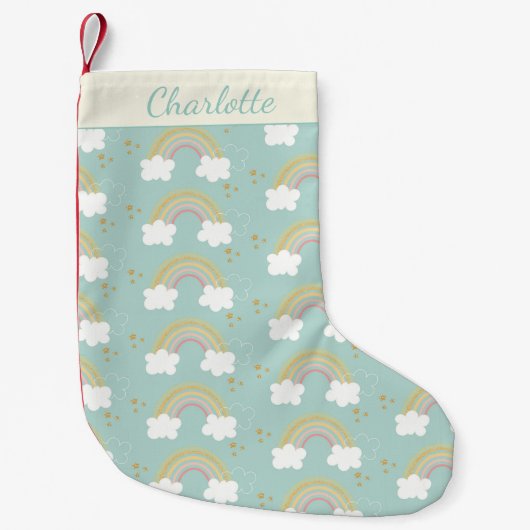 Cute Rainbows in Blue Gold Glitter Personalized Kleine Kerstsok (Voorkant)