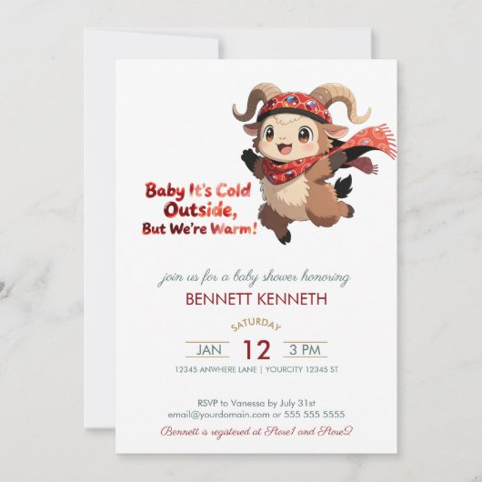 Cute Ram Winter Baby Shower Invitation Kaart (Voorkant)