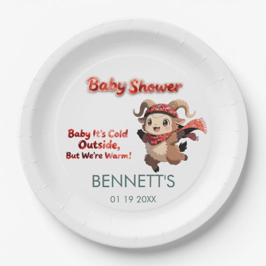 Cute Ram Winter Baby Shower Paper Plate Papieren Bordje (Voorkant)