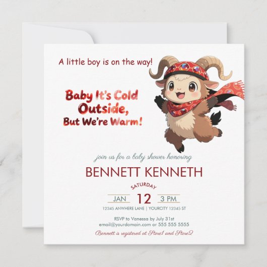 Cute Ram Winter Boy Baby Shower Invitation Save The Date (Voorkant)
