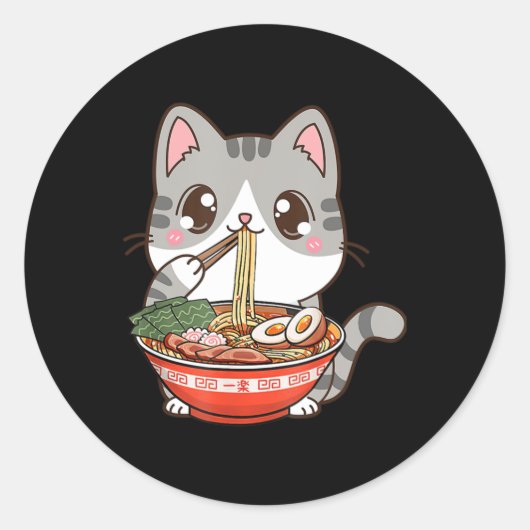 Cute Ramen Cat Kawaii Anime Japanse voedseljongen Ronde Sticker (Voorkant)