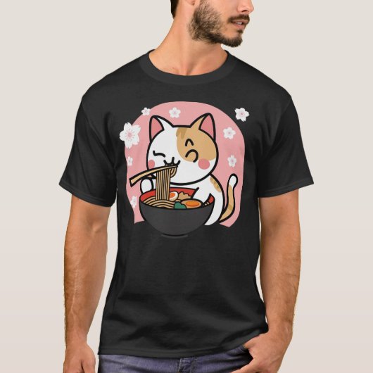 Cute Ramen Cat Kawaii Anime Sakura Pink T-shirt (Voorkant)