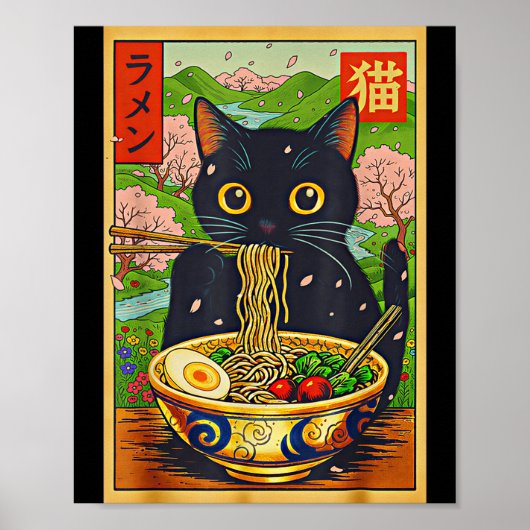 Cute Ramen Cat Nature Flowers Noodle Anime  Poster (Voorkant)