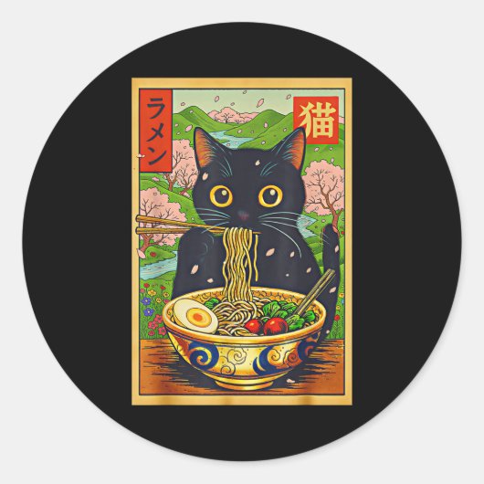 Cute Ramen Cat Nature Flowers Noodle Anime  Ronde Sticker (Voorkant)