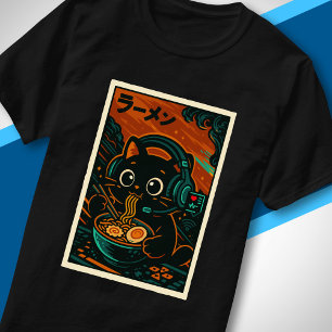 Cute Ramen Kat Koptelefoon Retro Japanse Muziek T-shirt