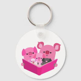 Cute Reading Cartoon Pig Family Sleutelhanger