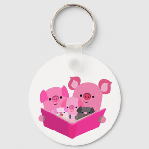 Cute Reading Cartoon Pig Family Sleutelhanger