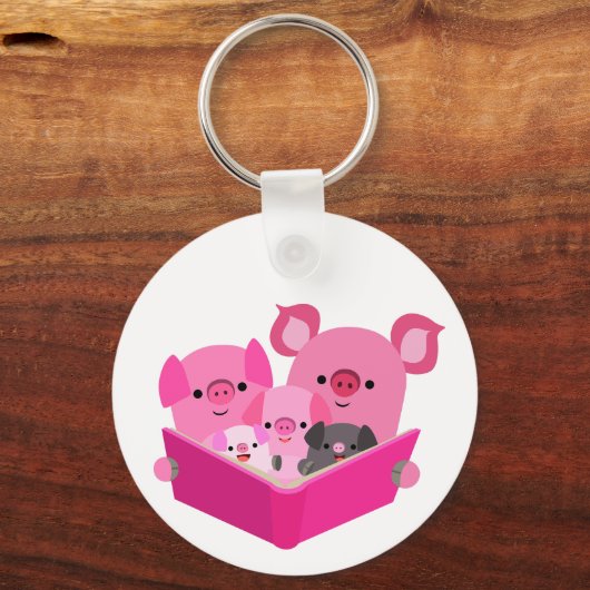 Cute Reading Cartoon Pig Family Sleutelhanger (Voorkant)