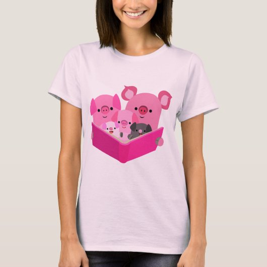 Cute Reading Cartoon Pig Family T-Shirt (Voorkant)