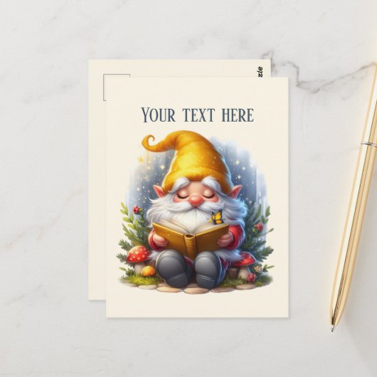 Cute reading gnome customizable briefkaart (Voorkant / Achterkant in situ)