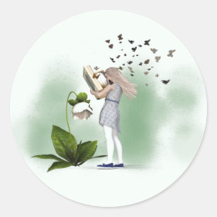 Cute reading whimsical vlinder ronde sticker