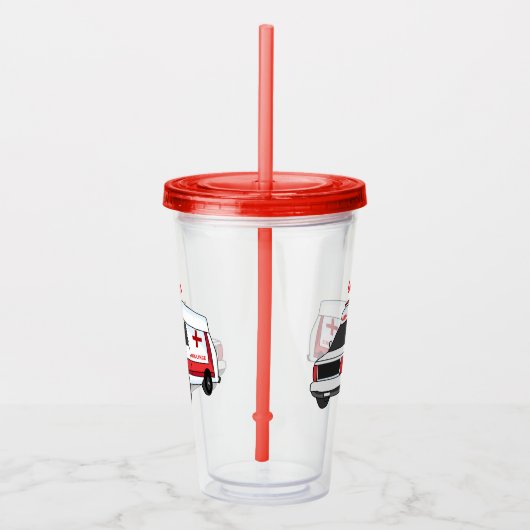 Cute red ambulance van cartoon acryl drinkbeker (Rechts)
