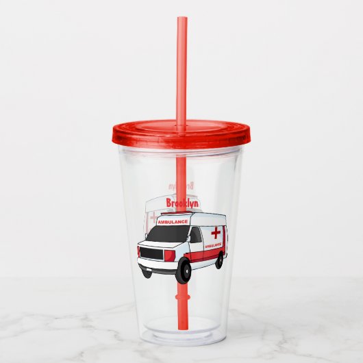 Cute red ambulance van cartoon acryl drinkbeker (Voorkant)