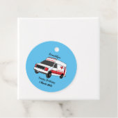 Cute red ambulance van cartoon bedankjes labels (In situ)