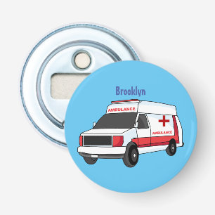 Cute red ambulance van cartoon button flesopener