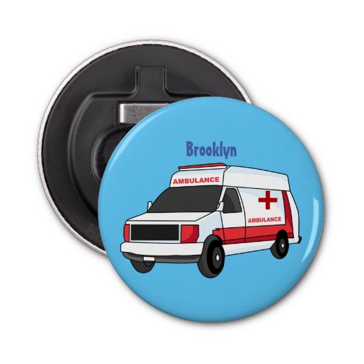 Cute red ambulance van cartoon button flesopener (Voorkant)