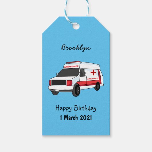 Cute red ambulance van cartoon cadeaulabel (Voorkant)