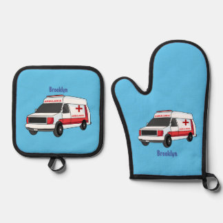 Cute red ambulance van cartoon ovenwant & pannenlap set